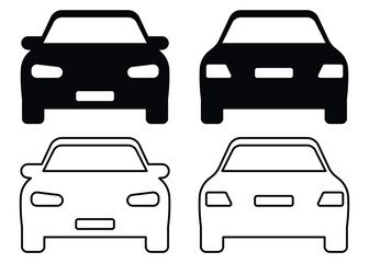 Set of vector icons showing front and rear view of cars in black solid and outline styles. Car front rear icons. Vehicle front and back. Auto silhouette vector. Car icon set. Front and back car view.