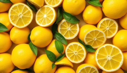 Vibrant yellow lemon pattern, whole and halved lemons arranged aesthetically,  food,  illustration