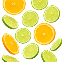 Fototapeta premium Freshly sliced oranges and limes arranged in a pattern isolated on transparent background