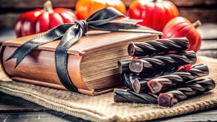 Vintage book with Halloween sweets and pumpkins on wooden table  