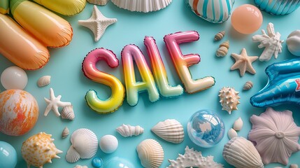 Colorful summer sale banner with inflatable letters and seashells on a blue background.