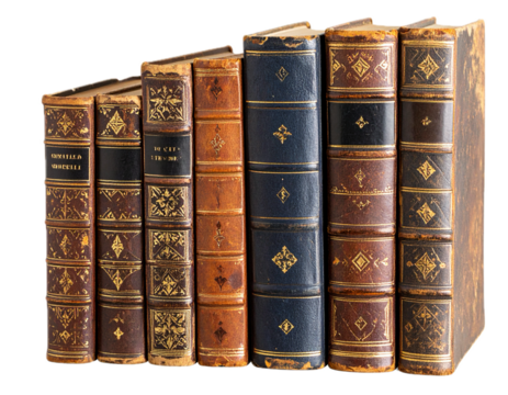 stack of old historical medieval books isolated on white or transparent png