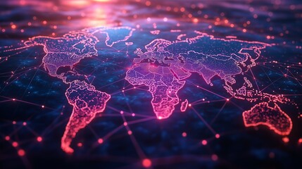 Global network with glowing pink connections over world map, futuristic communication concept.