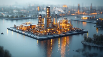 Futuristic floating refinery on water, glowing at night, high-tech energy concept.