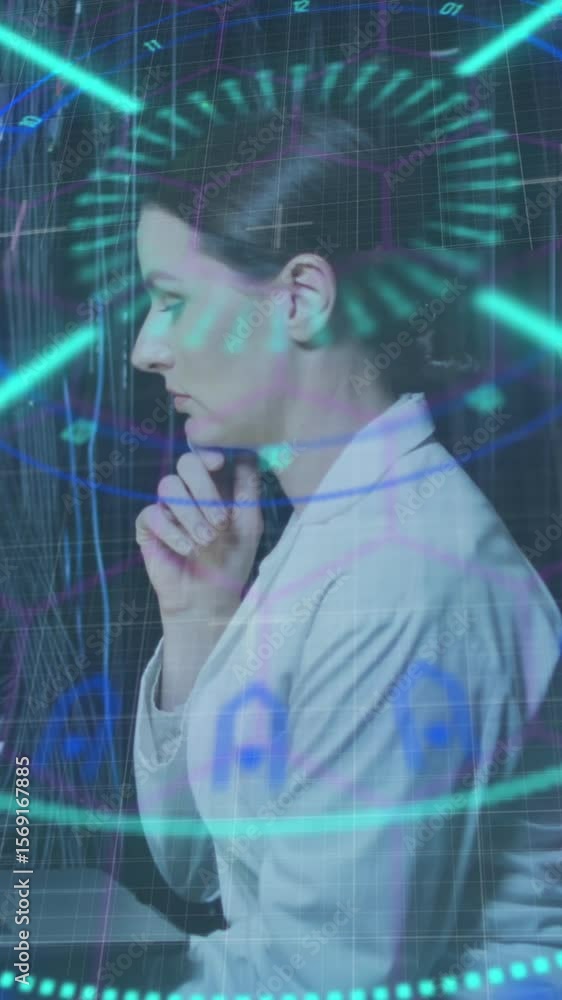 Poster animation of data processing over caucasian female it engineer with laptop checking computer servers