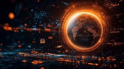 Abstract digital Earth with glowing orange networks and bright cosmic elements in space.
