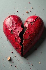 Shattered Heart A Close-Up Image of a Broken Heart-Shaped Object, Symbolizing Emotional Pain, Heartache, and Loss.  The Rough Texture and Fragments Convey Deep Sorrow and Grief.