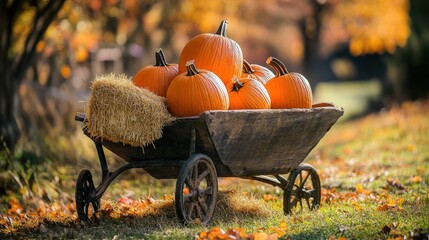 Pumpkins piled high in a rustic wagon on a fall day.