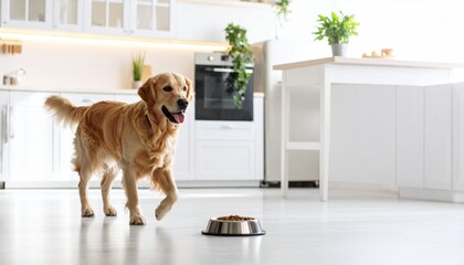 Playful golden retriever in modern kitchen pet lifestyle bright environment joyful scene