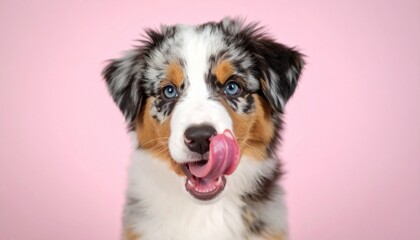 Playful australian shepherd puppy licking its nose studio pet photography pink background close-up fun and adorable