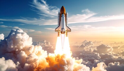 Rocket launch event space digital artwork cloudy sky aerial view innovation and exploration