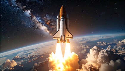 Rocket launch event outer space digital art cosmic environment aerial view space exploration concept