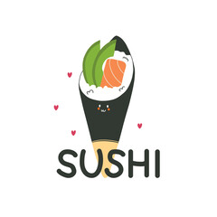 Temaki. Asian food. Kawaii character mascot. Salmon and rice with avocado wrapped in seaweed. Snack Japanese cuisine. sushi roll, vector cartoon flat style isolated illustration
