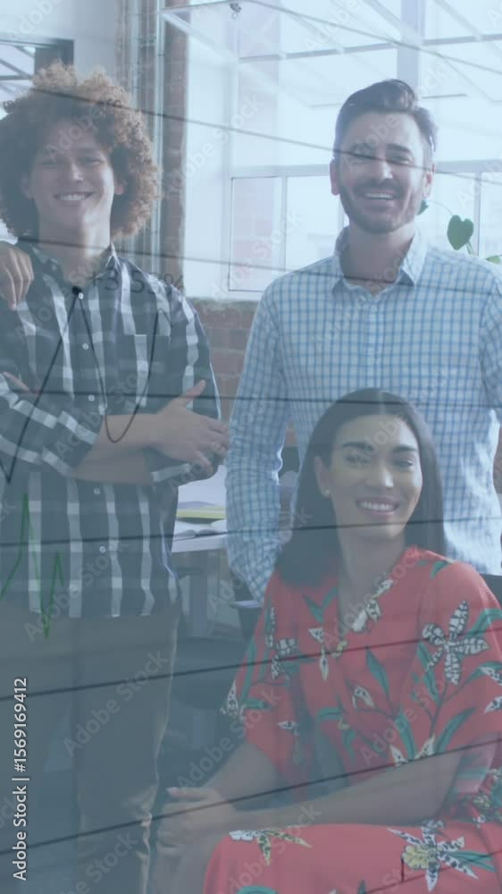 Poster animation of charts and data processing over smiling diverse creative business team