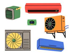 Air conditioner. Home appliance. Electrical equipment. Climate control. Cold wind. Vector cartoon flat style isolated illustration