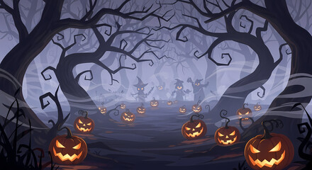 Spooky Halloween Forest Path with Jack-o'-lanterns and Mysterious Figures