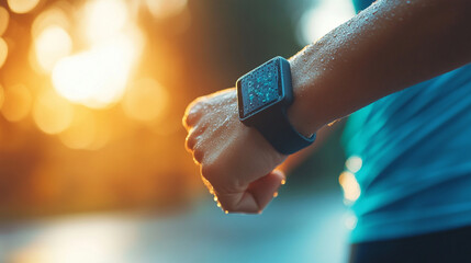close-up of fitness tracker on wrist during workout, sweat and motion blur, sporty detail