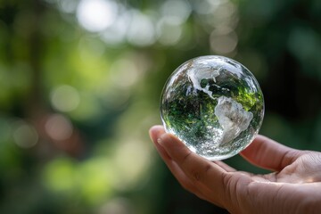 Crystal globe Earth held in hand, nature bokeh