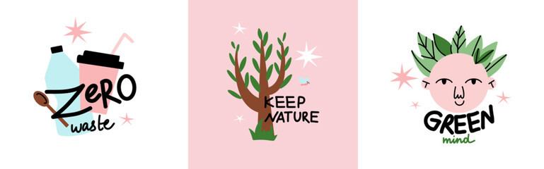 Save planet. Earth environmental care. Icon or sticker collection. green energy, stop pollution, reuse and recycled. Eco friendly, ecology elements. Vector cartoon flat style isolated illustration set