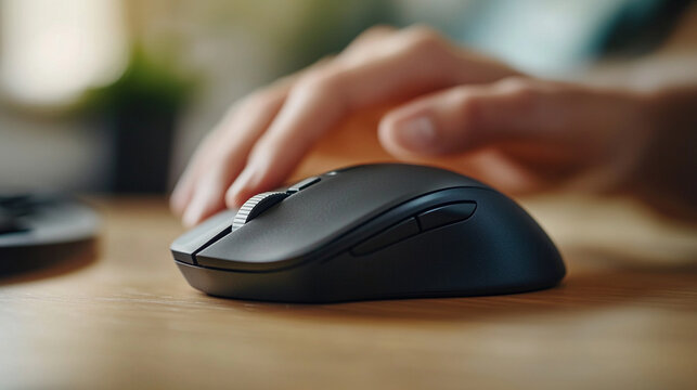 close-up of Bluetooth mouse and hand scrolling, tech in motion, productivity concept