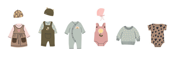 Baby clothes. Beige newborn bodysuit, hat and pants. Baby and toddler clothing, natural ecological cotton. Bear overalls, little girl dress and boy pants, vector cartoon flat isolated illustration