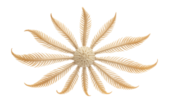 Feather star with multiple feathery arms radiating from a central disc in delicate patterns