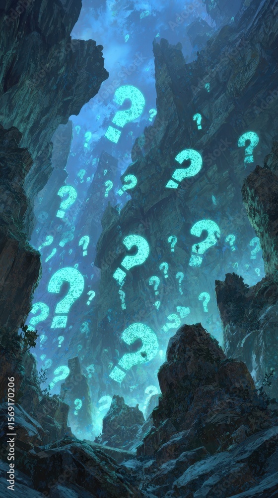 Poster surreal cave setting with luminescent question marks floating against rugged rock formations inspiri