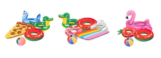Cartoon inflatable toys. Colorful swimming rings and mattress, rubber water summer pool funny swimming accessories, flamingo, pizza and ball, watermelon and donut, vector flat isolated gradient set
