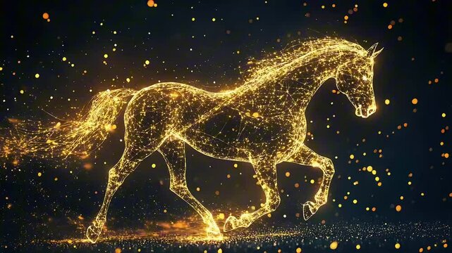 Golden glowing horse riding night sky star. Creative decoration magical backdrop shining cosmos space fairy myth moon light fantasy background illustration, 2026 year horoscope