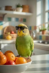 Stylish Budgie Bird with Sunglasses in Sunny Kitchen Scene