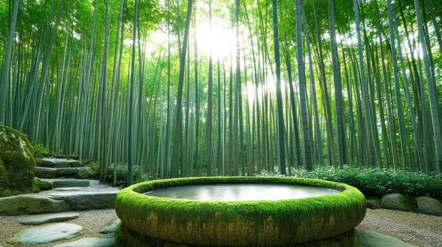 Lush bamboo forest with mossy stone basin