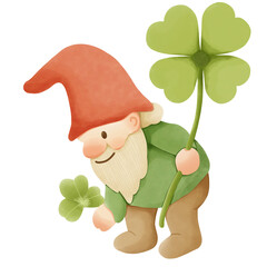 A cute cartoon gnome holding a clover leaf. Hand-drawn watercolor illustration with soft pastel colors. Perfect for good luck, fairy tale clipart, garden decorations, children’s books, and whimsical d