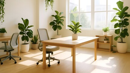 Bright and airy modern office space filled with natural light and lush green plants