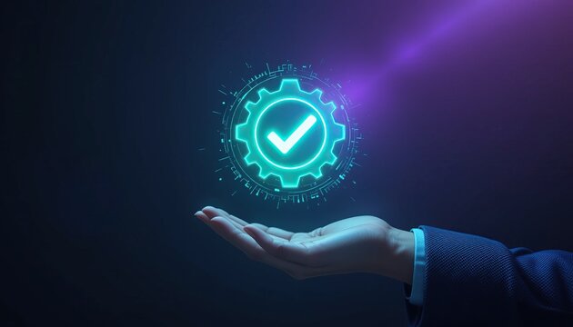 Hand Holding Hologram Gear with Checkmark: Illustrating Successful Process