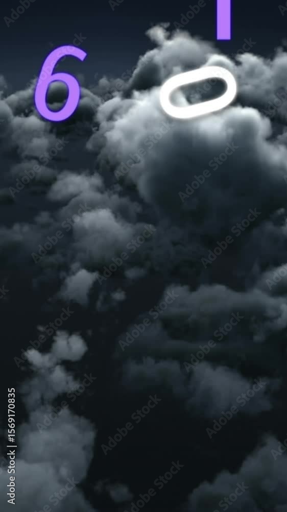 Poster animation of numbers changing over stormy clouds in background