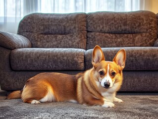 Domestic Animal Concept. Portrait of cute dog lying on the gray floor carpet indoors in living room at home, happy corgi near couch.
