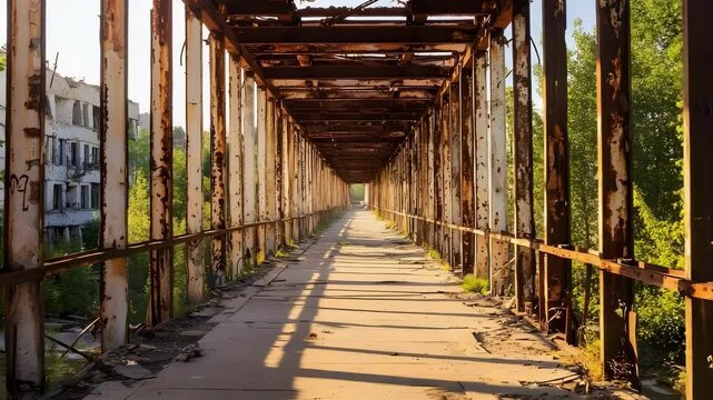 An old, rusted bridge with a walkway surrounded by overgrown greenery and dilapidated buildings in the background.