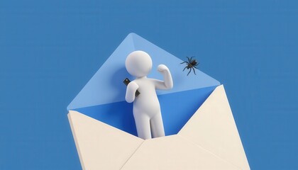 3D Character Inside Envelope with Smartphone and Spider on Blue Background for Digital Communication Concept