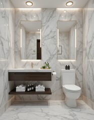 modern elegant bathroom interior design featuring marble walls floating vanity and illuminated