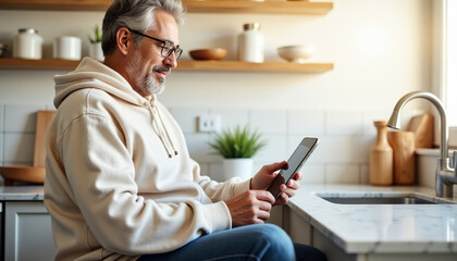 healthy senior diet elderly man in hoodie smartphone seated at kitchen counter. After cleaning