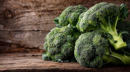 Fresh broccoli heads stacked neatly on aged wooden planks, captured in natural farm light to highlight their texture and freshness