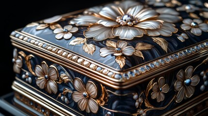 Obraz premium A stunning jewelry box with intricate floral carvings and sparkling gemstones highlights timeless artistry