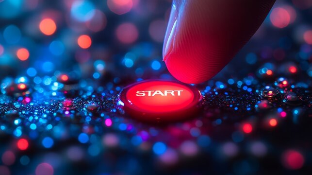 A finger hovers over a glowing start button, brimming with excitement for new tech adventures - Powered by Adobe