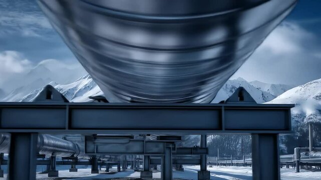 A striking image capturing industrial pipes against a backdrop of snow-capped mountains under a clear sky