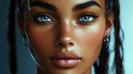 Close-up portrait of a woman with striking features.