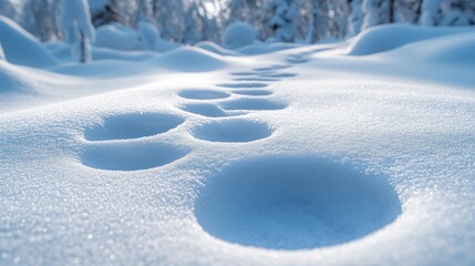 Obraz premium Fresh paw prints create a path through untouched snow, capturing nature's quiet beauty in a serene winter setting