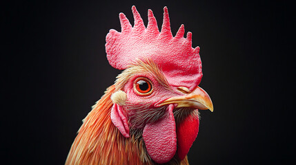 Rooster with multicolored feathers on a black background