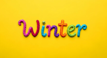 Winter Written in Colorful Embroidery Thread on a Yellow Background The word "Winter" is spelled out using vibrant, textured embroidery