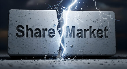 This image shows a concrete block with "Share Market" carved into it being struck by lightning. The impact causes the block to crack, symbolizing volatility and risk in the financial market.