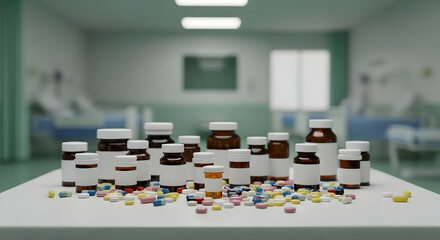 A variety of pills are scattered across a white table, surrounded by bottles of medicine. The scene is set in a hospital room, conveying a clinical and pharmaceutical environment.
